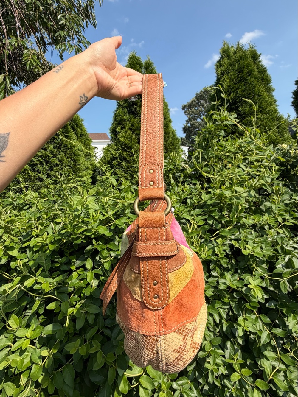 Vintage Fossil Y2K Multicolor Patchwork Bag Suede Leather Shoulder Purse - Picture 4 of 8